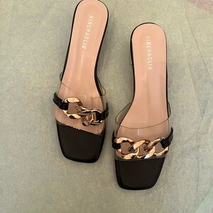 Black and Gold Chain Detail Slide Sandals